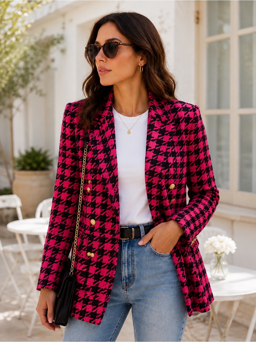 River Island Pink & Black Houndstooth Double Breasted Blazer | UK 12 / EU 38